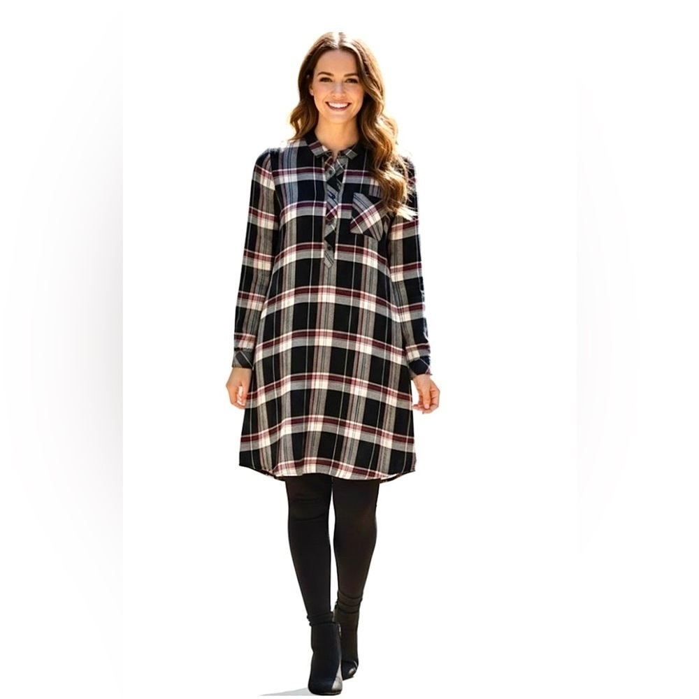 J Jill Womens Sz S Lyocell Plaid Roll Tab Long Sleeve Pockets Henley Tunic Dress